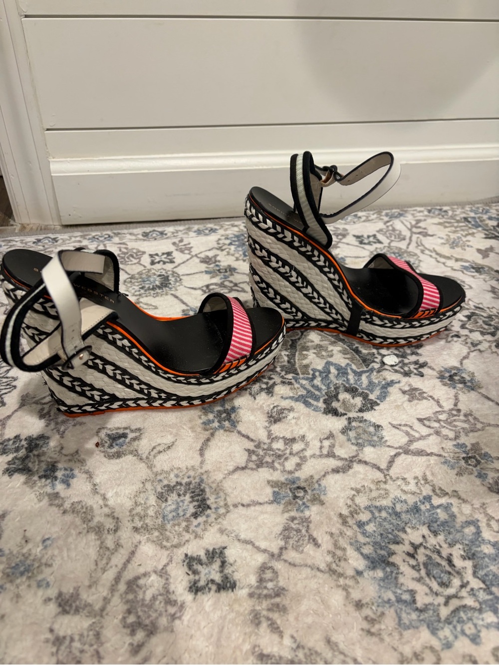 Sophia Webster Black, White and Pink Patterned Wedge Sandals